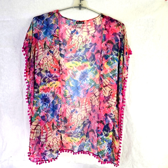 VENUS Brilliant Tropical sheer Duster Cover up Sz M Hot pink Pom Pom Trim - Picture 7 of 8